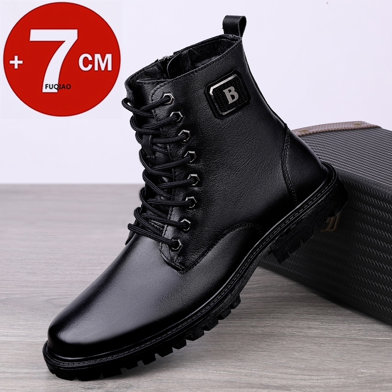 Men'S Shoes Height Increase - รองเท้าบูทหนังแท้ผู้ชาย บุขนอุ่นสำหรับฤดูหนาว แบบซิปขึ้นข้อเท้า เพิ่มความสูงแบบซ่อน 7 ซม.
