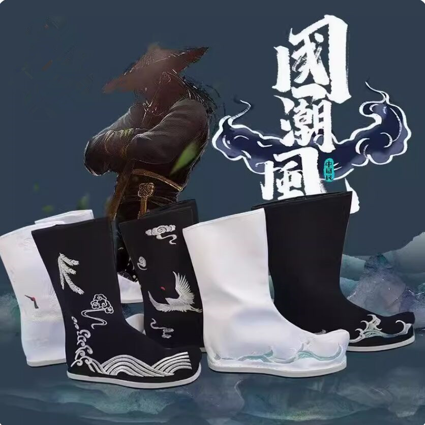 Men Shoes White Colour - Hanfu รองเท้าบูทนักรบจีนสีดำสีขาวแบนโบราณรองเท้าผ้าคอสเพลย์นักดาบเล่นภาพยนตร์