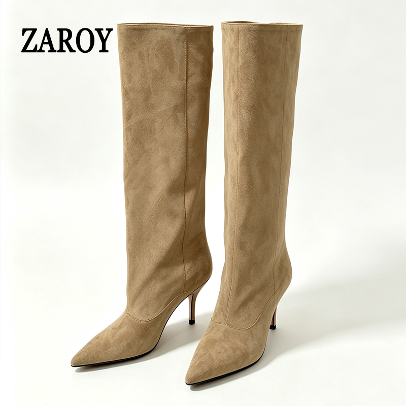 Winter Boot Insulated - รองเท้าบูทผู้หญิง ZAROY แบบสูงถึงเข่า รองเท้าบูทกันหนาวสำหรับฤดูหนาว รองเท้าบูทหิมะแบบเซ็กซี่ ส้นสูงปลายแหลม