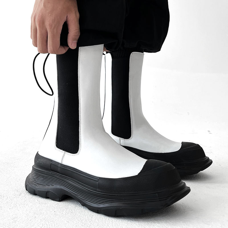 Men'S Shoes Black And White - รองเท้าบูทแฟชั่นผู้ชายสำหรับเวทีและไนท์คลับ สีดำขาว รองเท้าบูทคาวบอยหนังแท้ สำหรับฤดูใบไม้ผลิและฤดูใบไม้ร่วง รองเท้าบูทข้อสั้นสำหรับผู้ชาย