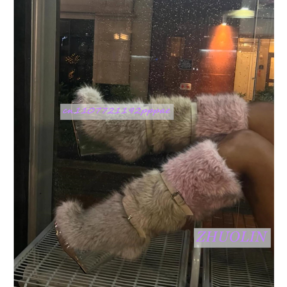Winter Boot Insulated - รองเท้าบูทส้นเตารีดแบบโปร่งใสแต่งขนเฟอร์ลายไล่สีฤดูหนาวสำหรับผู้หญิง รองเท้าบูทหิมะแบบมีสายคาดหัวเข็มขัดหวานๆ แฟชั่นทันสมัยสไตล์พังก์ รองเท้าบูทสูงถึงเข่า ไซส์ 43