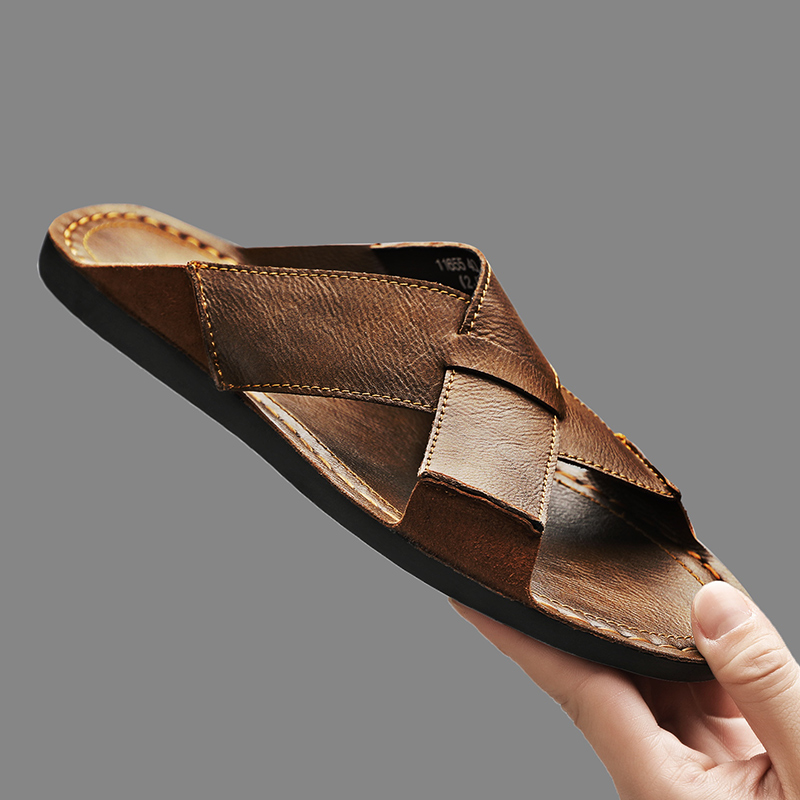 Men'S Shoes Temu - รองเท้าแตะหนังแท้แฟชั่นสำหรับผู้ชาย รองเท้าแตะลำลองสำหรับฤดูร้อน รองเท้าชายหาดกลางแจ้ง คุณภาพสูง รองเท้าลำลองใส่สบาย