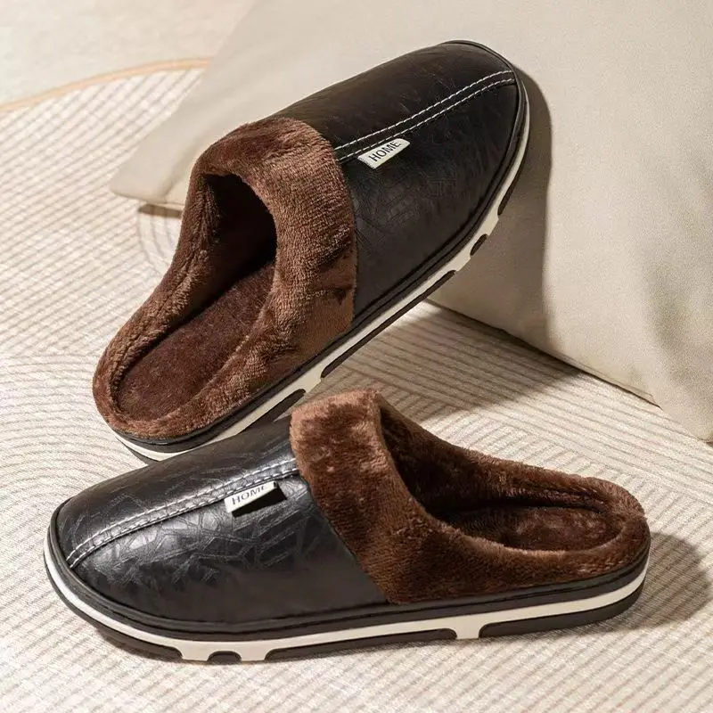 Men'S Shoes Temu - รองเท้าแตะผู้ชายไซส์ใหญ่สำหรับฤดูหนาว รองเท้าใส่ในบ้าน หนัง PU กันน้ำ นุ่มสบาย