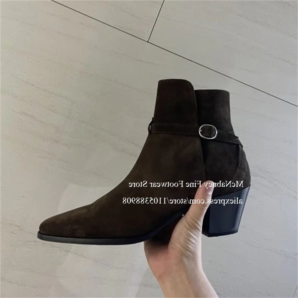 Men'S Shoes Zipper - รองเท้าบูทเชลซีผู้ชายสีดำหรูหรา สายรัดหัวเข็มขัด หัวแหลม ส้นกลาง รองเท้าบูทข้อเท้า รองเท้าทางการสำหรับสุภาพบุรุษ