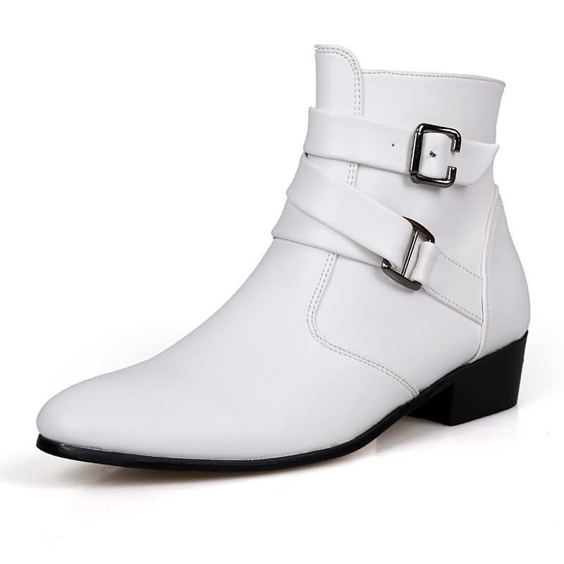 Men'S Shoes Black And White - ผู้ชายหรูหรารองเท้าหนังเชลซีรองเท้า High TOP BUCKLE อย่างเป็นทางการรองเท้าสีดําสไตล์อังกฤษข้อเท้ารองเท้าชี้ Toe