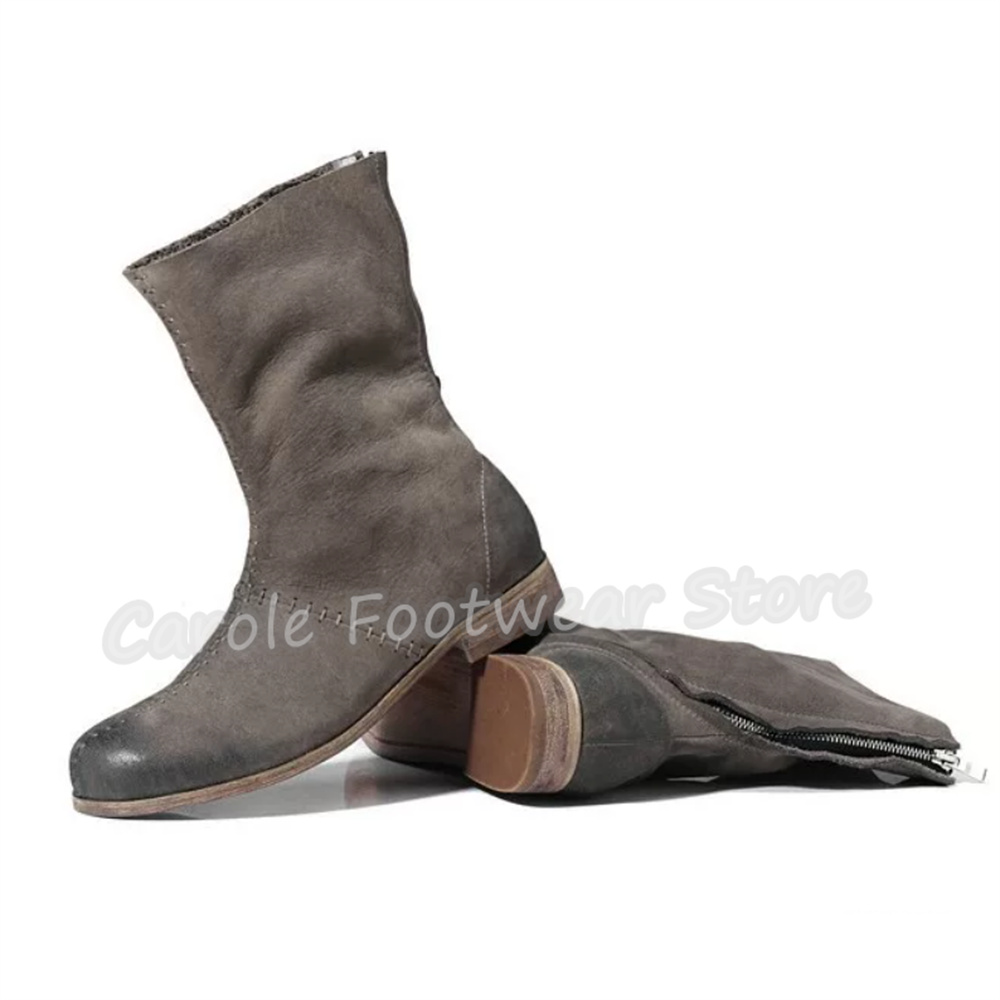 Men'S Shoes Zipper - รองเท้าบูทผู้ชายสไตล์อังกฤษ หนังแท้ ตกแต่งด้วยการเย็บ ซิปด้านหน้า ทรงหุ้มข้อสูง ส้นหนา