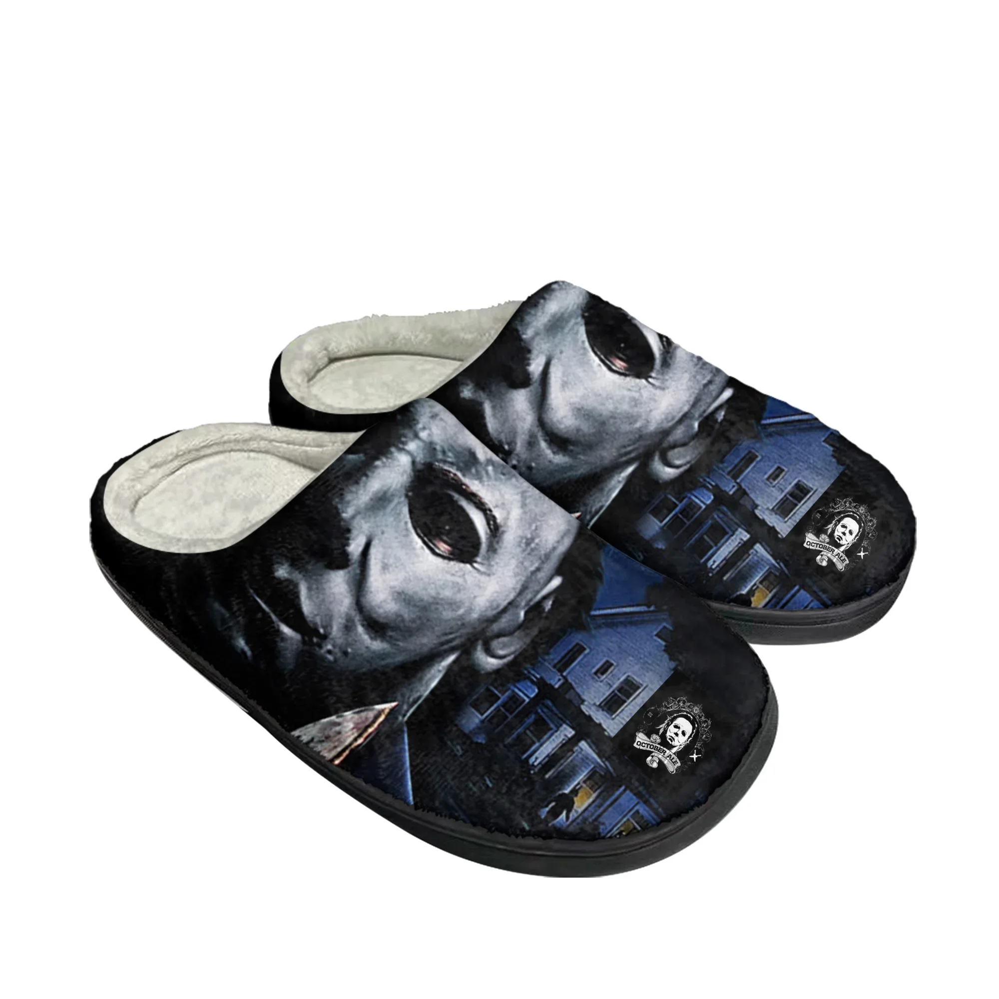 Men Shoes Myer - รองเท้าแตะผ้าฝ้ายลายสยองขวัญสำหรับฮาโลวีน ไมเคิล ไมเยอร์ส รองเท้าแตะลำลองบุขนสำหรับผู้ชายและผู้หญิง รองเท้ากันหนาว