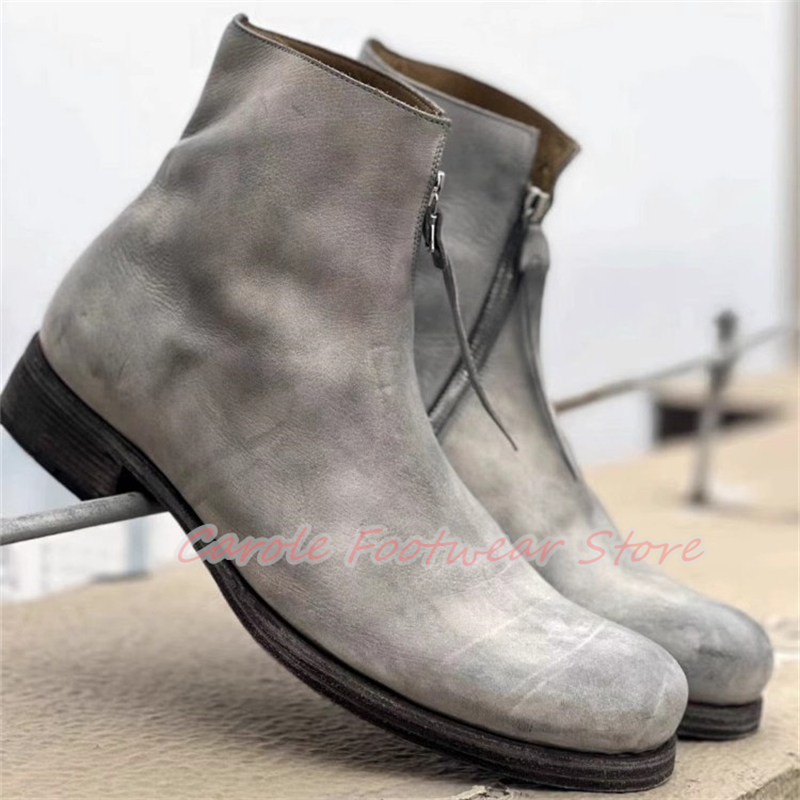 Men'S Shoes Zipper - รองเท้าบูทหุ้มข้อทรงกลม ส้นหนา สไตล์อังกฤษ สำหรับผู้ชาย หนังย้อนยุค ซิปด้านข้าง